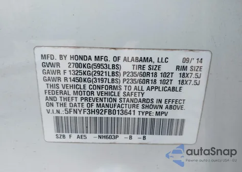 2015 Honda Pilot Touring z USA, uszkodzony, nr VIN 5FNYF3H92FB013641